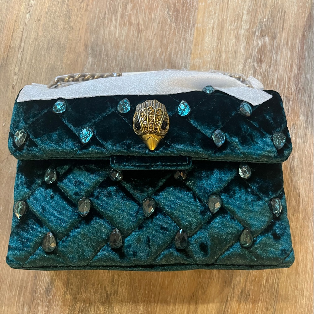 Kurt Geiger NEW Emerald Green Velvet Medium Kensington Bag